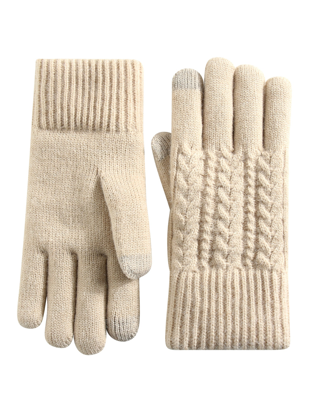Beige cable-knit gloves showing the patterned back and plain palm sides