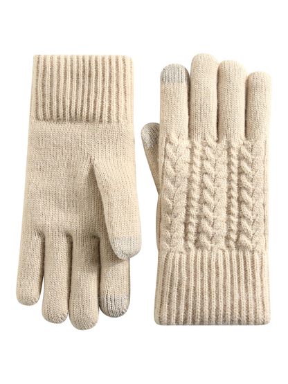 Beige cable-knit gloves showing the patterned back and plain palm sides