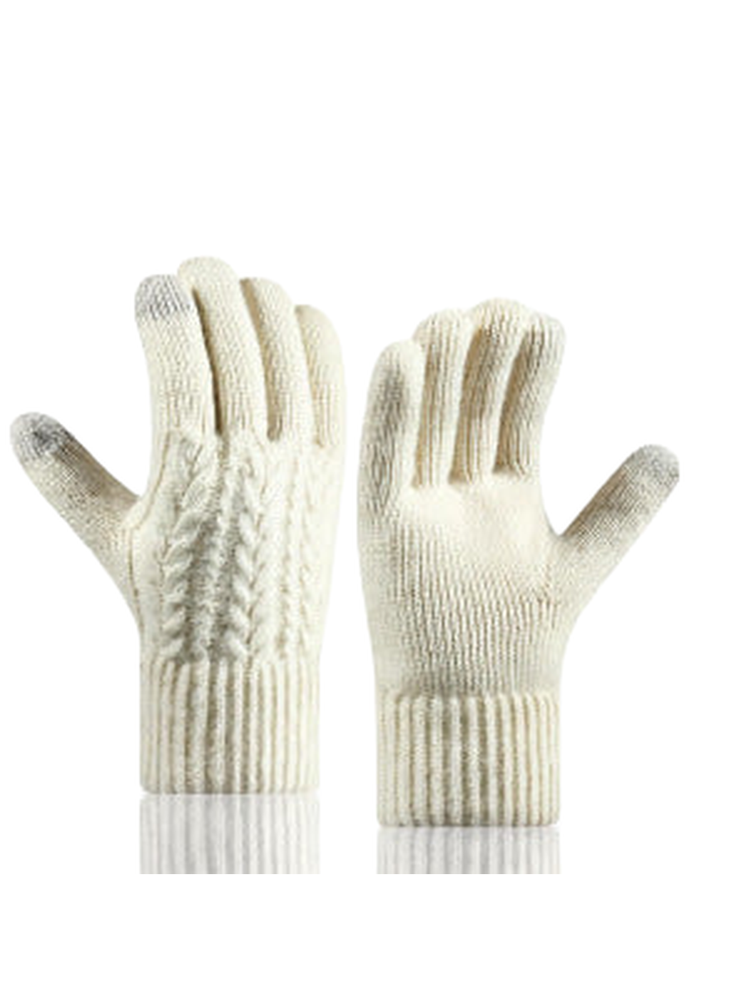 Ivory cable-knit gloves showing the patterned back and plain palm sides