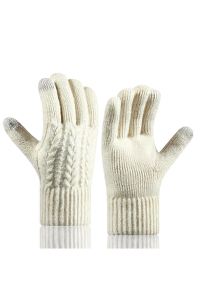 Ivory cable-knit gloves showing the patterned back and plain palm sides