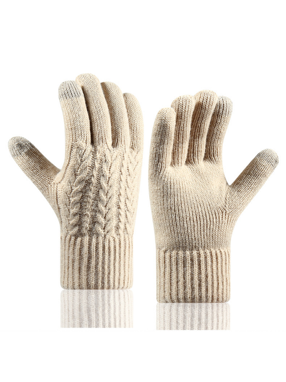 Beige cable-knit gloves in an upright back-and-palm display
