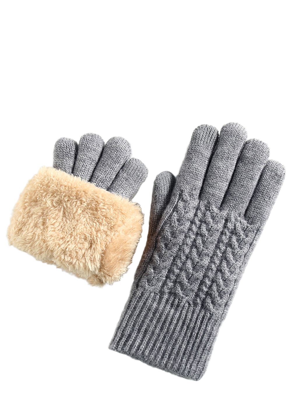 Heather gray cable-knit gloves with a fuzzy interior cuff view