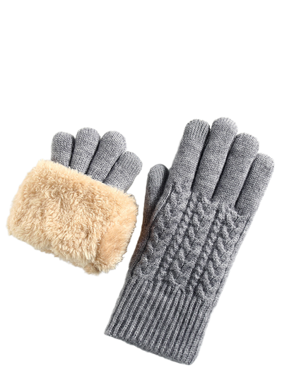 Heather gray cable-knit gloves with a fuzzy interior cuff view