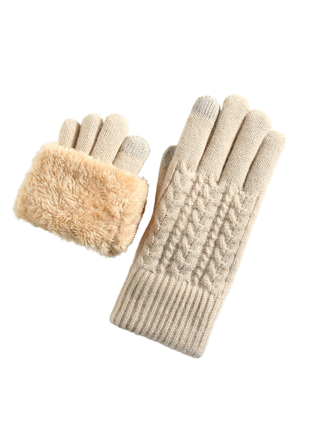Beige cable-knit gloves with a fuzzy interior cuff view