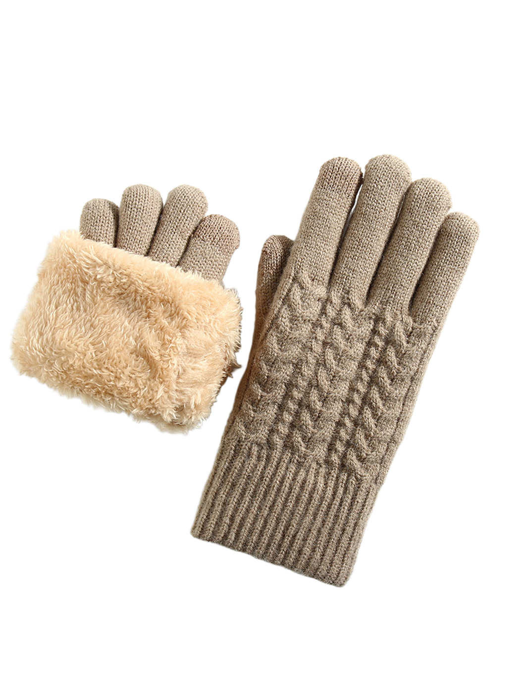 Khaki cable-knit gloves with a fuzzy interior cuff view