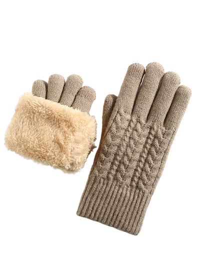 Khaki cable-knit gloves with a fuzzy interior cuff view