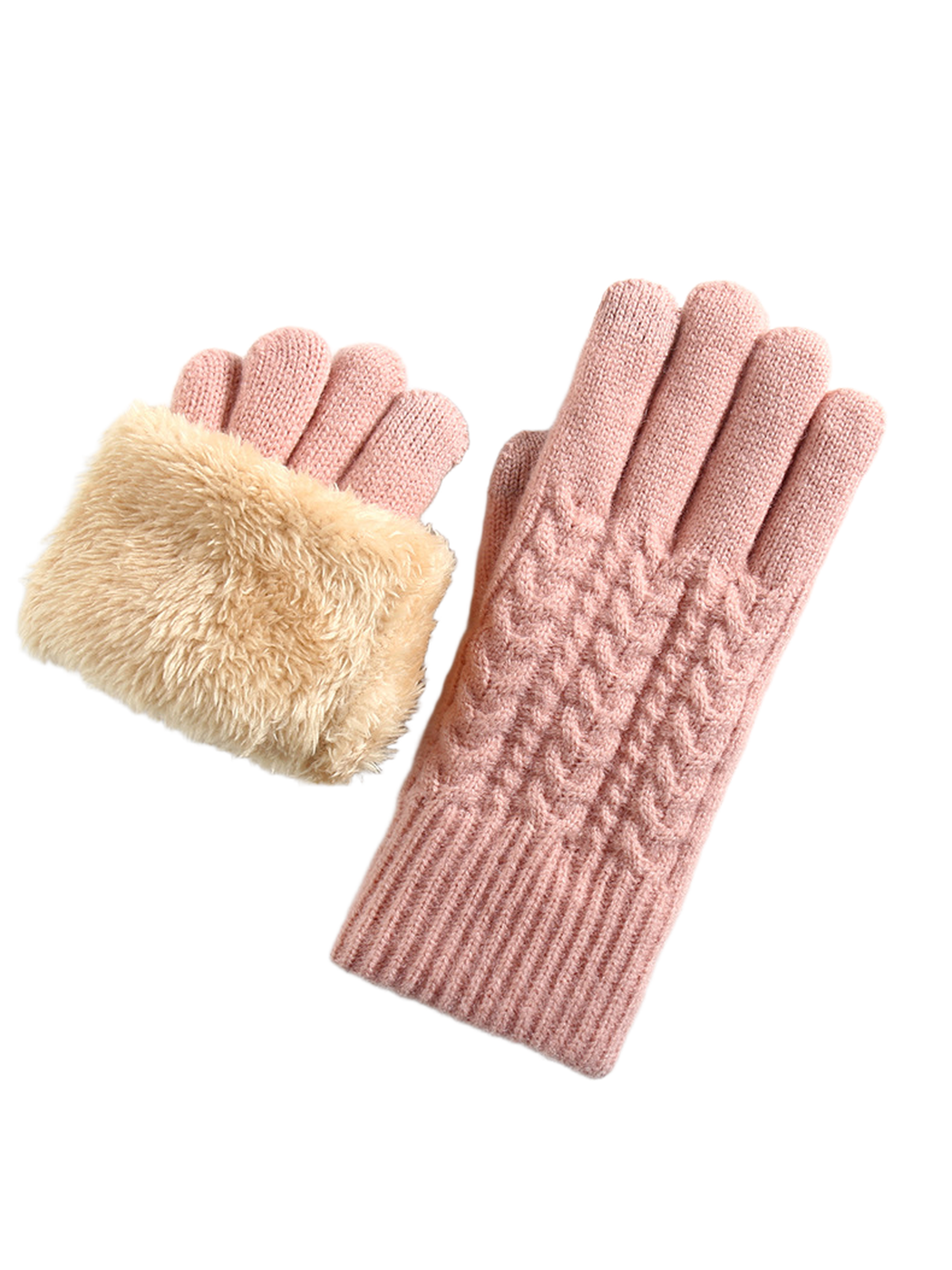 Pink cable-knit gloves with a fuzzy interior cuff view