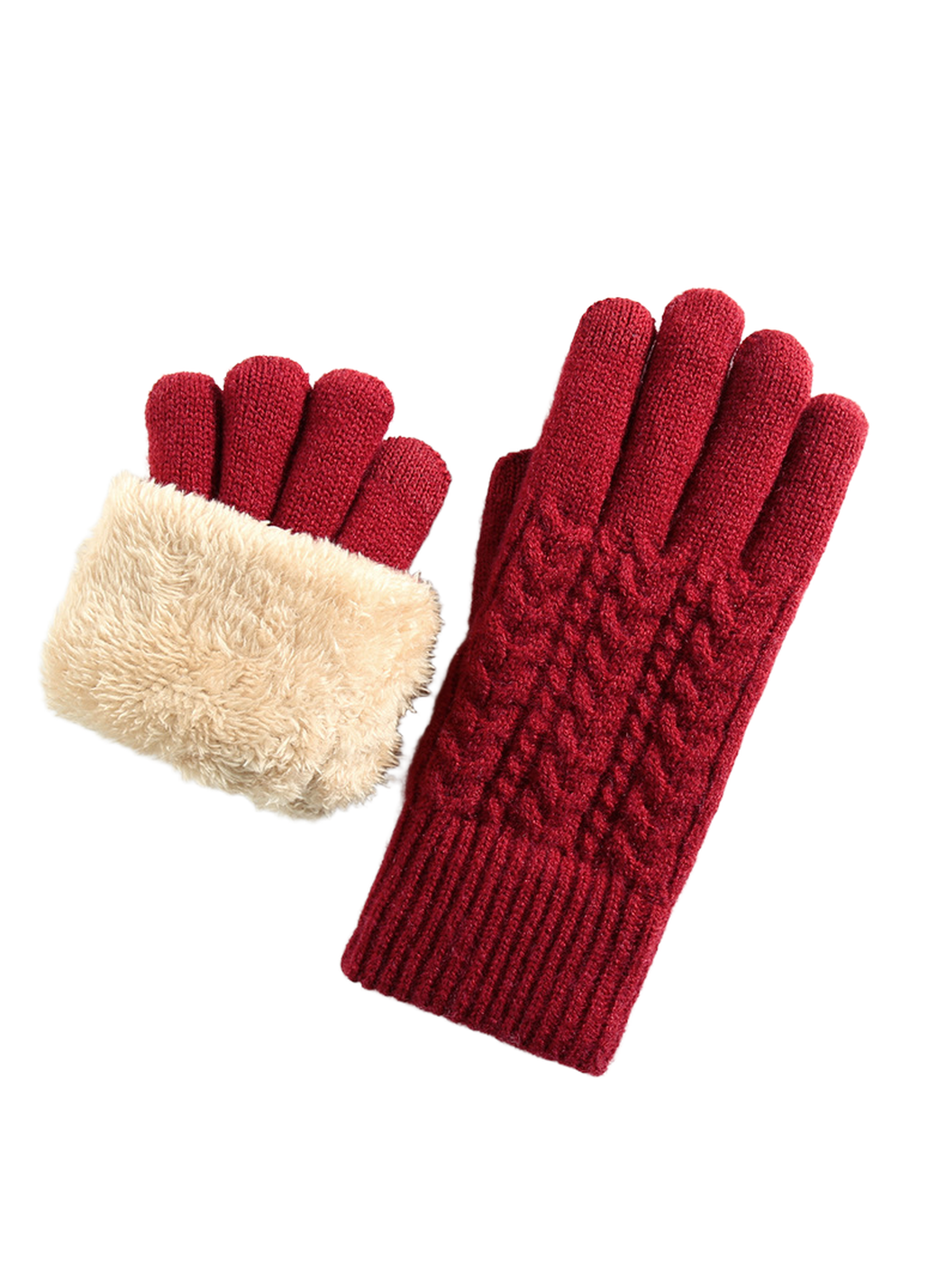 Red cable-knit gloves with a fuzzy interior cuff view
