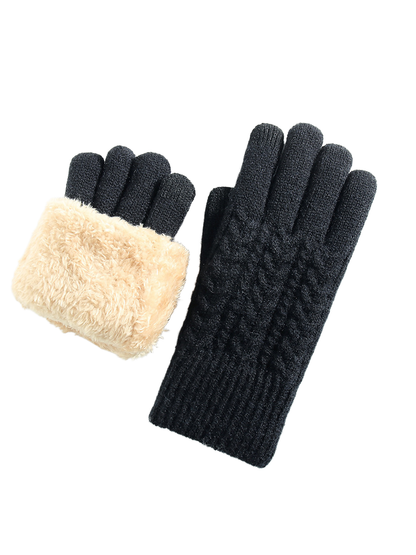Black cable-knit gloves with a fuzzy interior cuff view