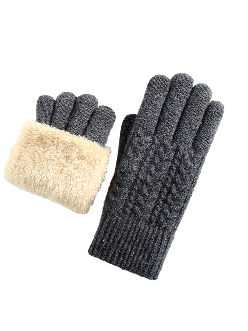 Dark gray cable-knit gloves with a fuzzy interior cuff view