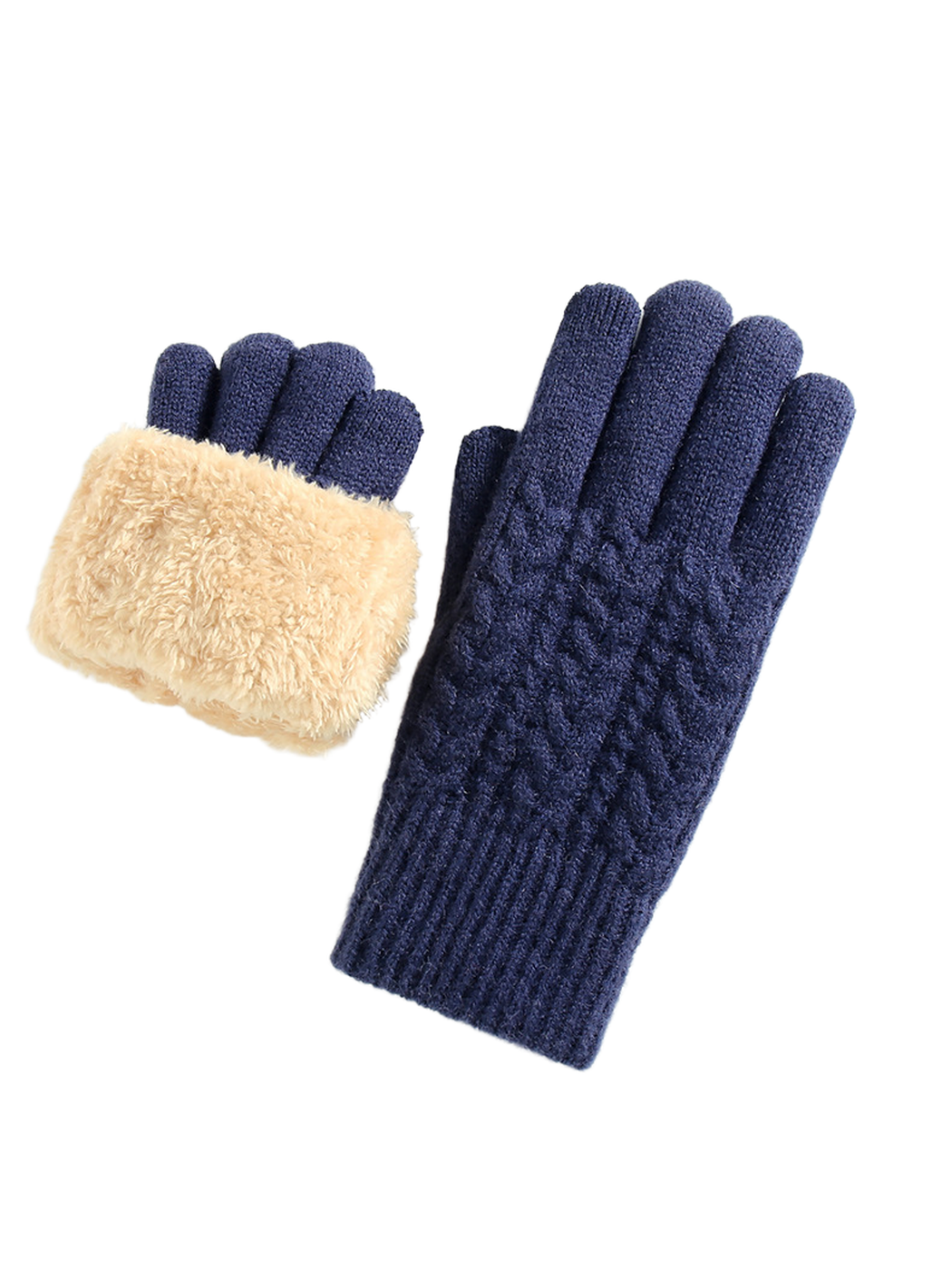 Navy cable-knit gloves with a fuzzy interior cuff view