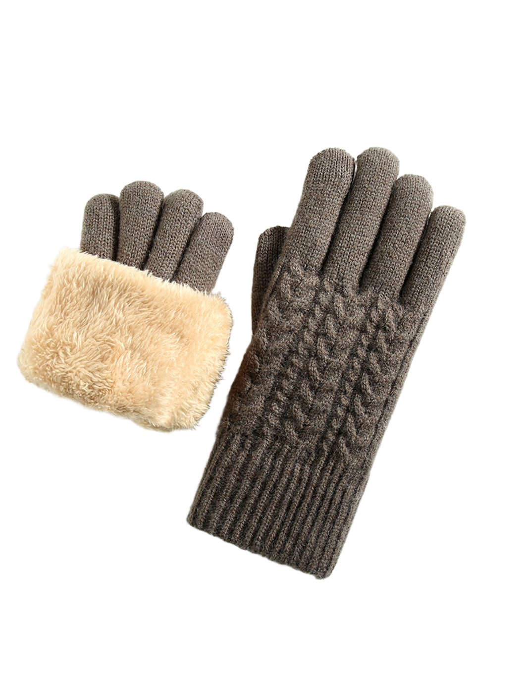 Coffee brown cable-knit gloves with a fuzzy interior cuff view