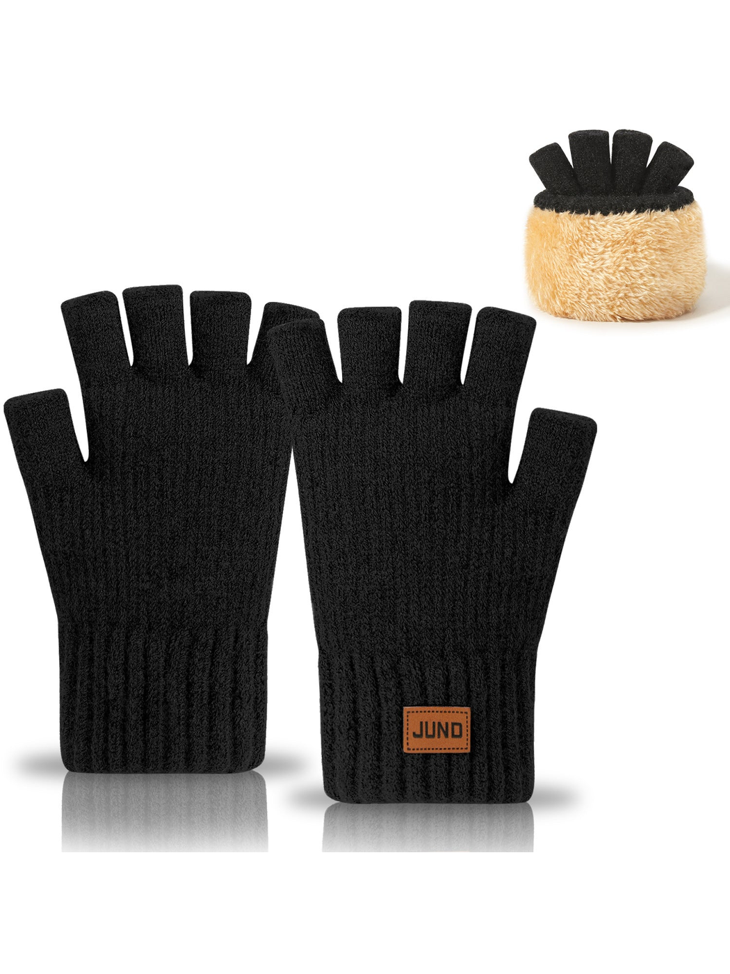 Black fingerless gloves with extended ribbed cuffs, front view