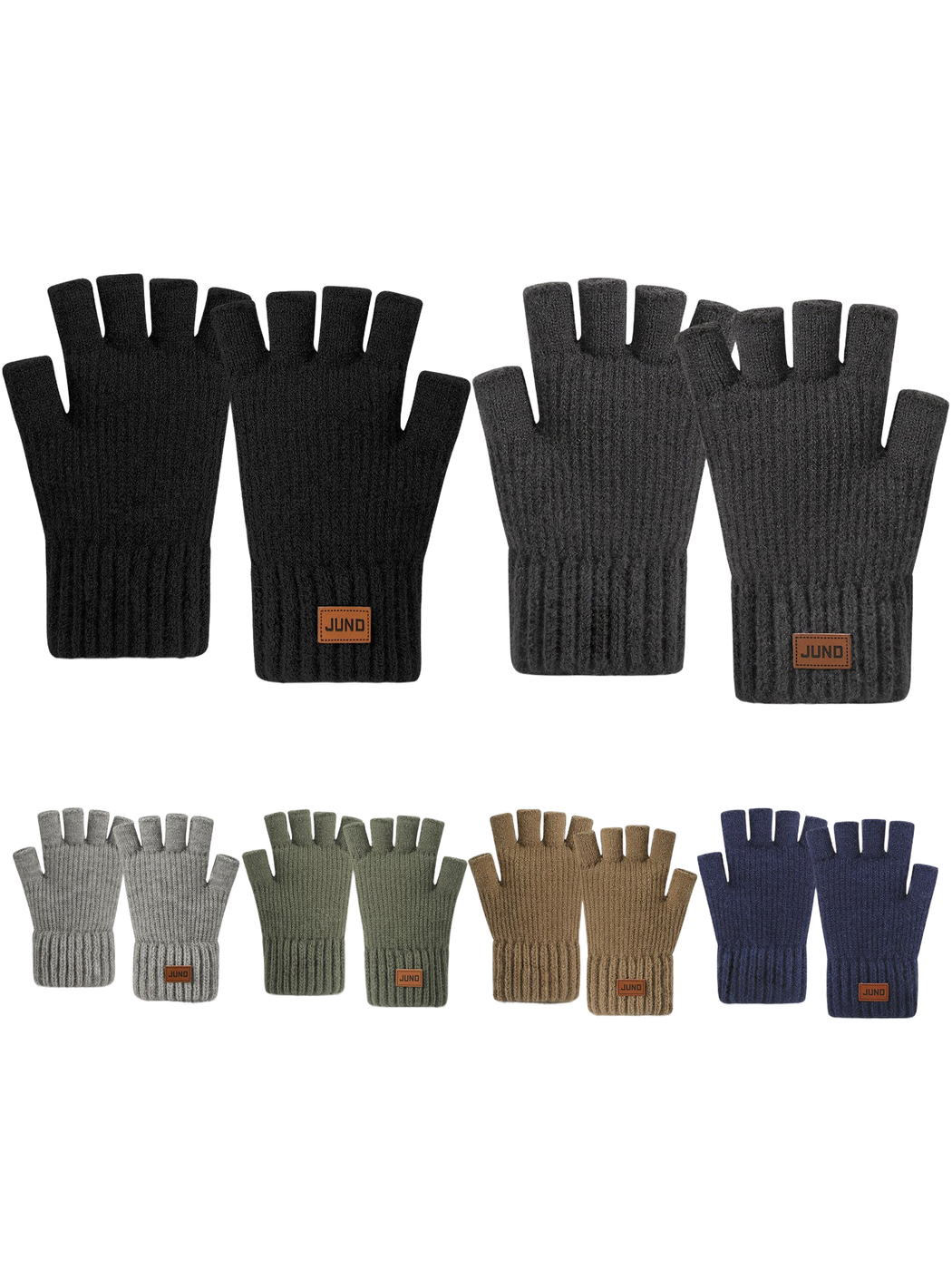 Black, gray, brown, navy and green fingerless gloves displayed together