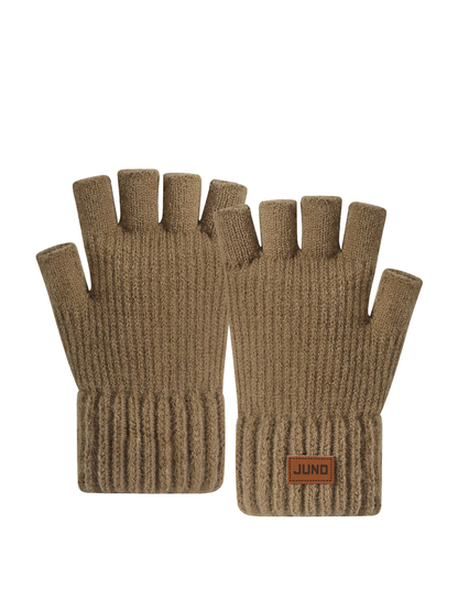 Coffee brown fingerless gloves with extended ribbed cuffs, front view