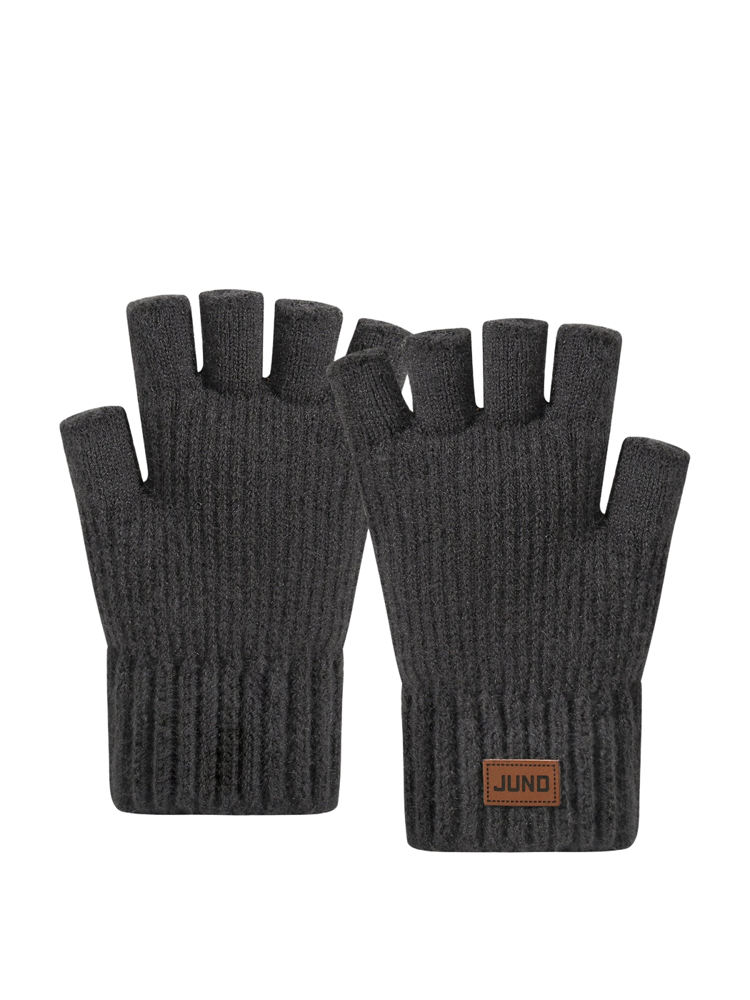 Dark gray fingerless gloves with extended ribbed cuffs, front view