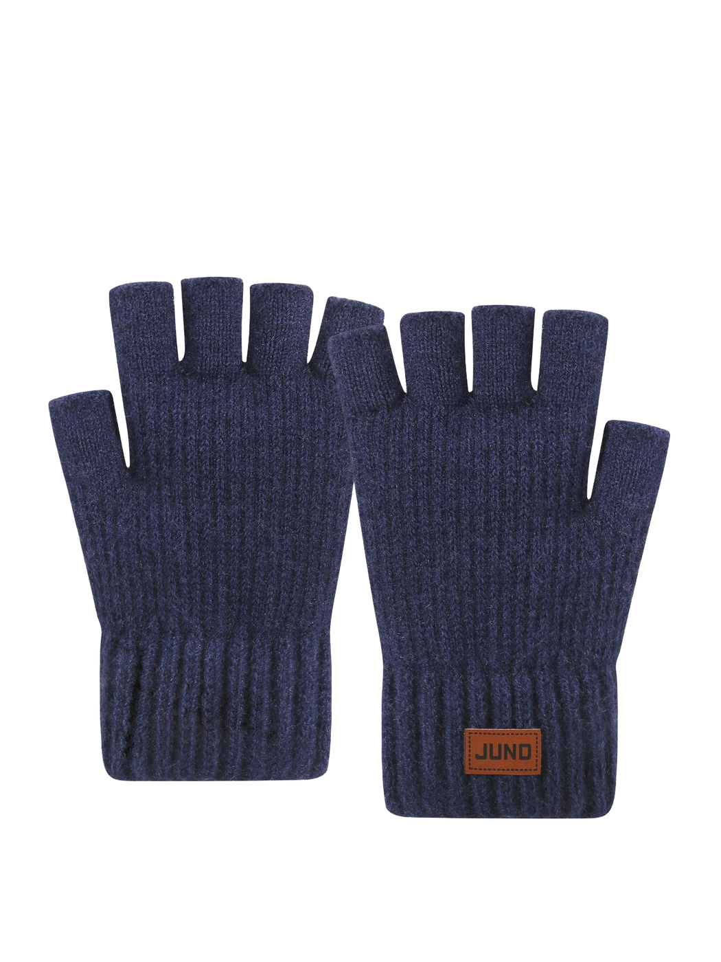 Navy fingerless gloves with extended ribbed cuffs, front view