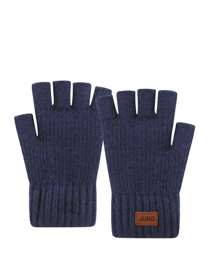 Navy fingerless gloves with extended ribbed cuffs, front view