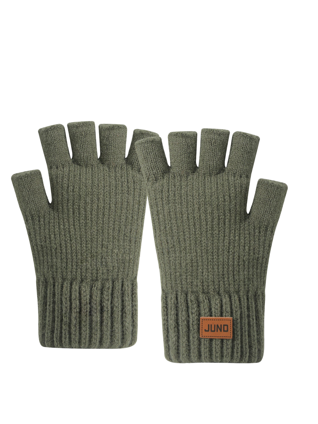 Army green fingerless gloves with extended ribbed cuffs, front view