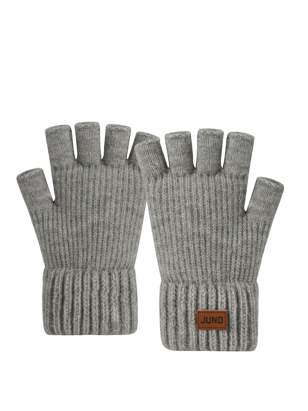 Light gray fingerless gloves with extended ribbed cuffs, front view