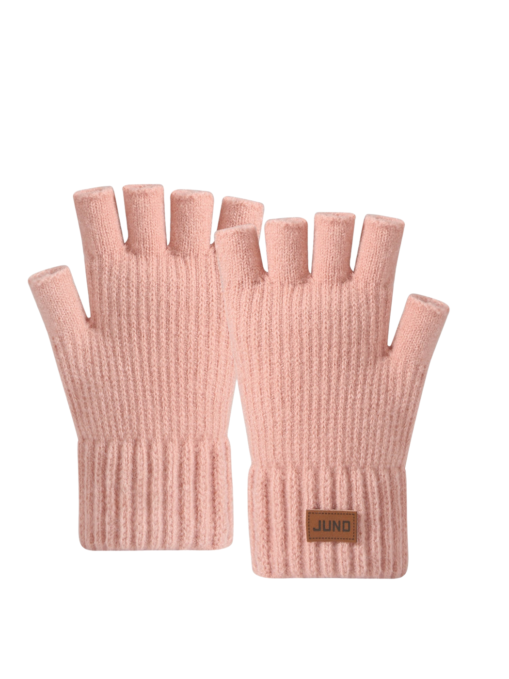 Blush pink fingerless gloves with extended ribbed cuffs, front view