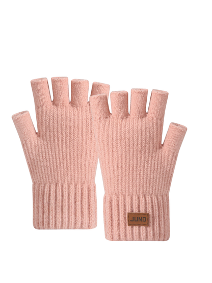 Blush pink fingerless gloves with extended ribbed cuffs, front view