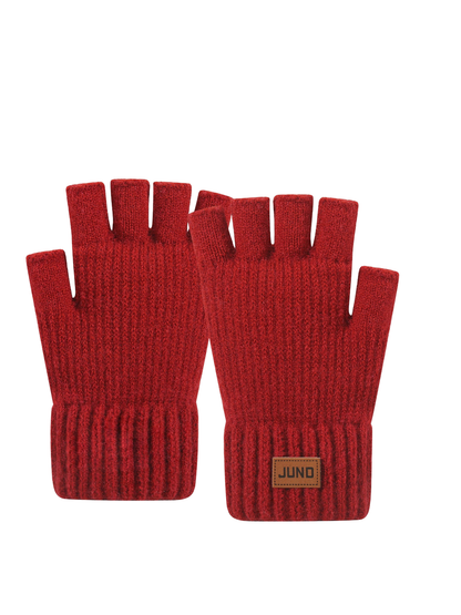 Red fingerless gloves with extended ribbed cuffs, front view