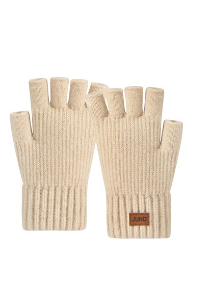 Cream fingerless gloves with extended ribbed cuffs, front view