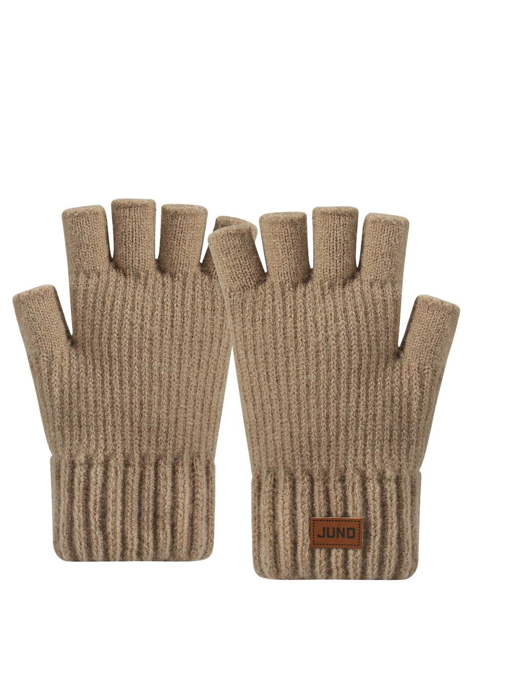 Khaki fingerless gloves with extended ribbed cuffs, front view