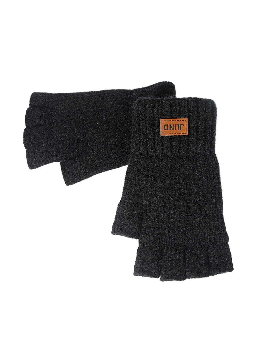 Black fingerless gloves arranged to show the knit surface and ribbed cuffs