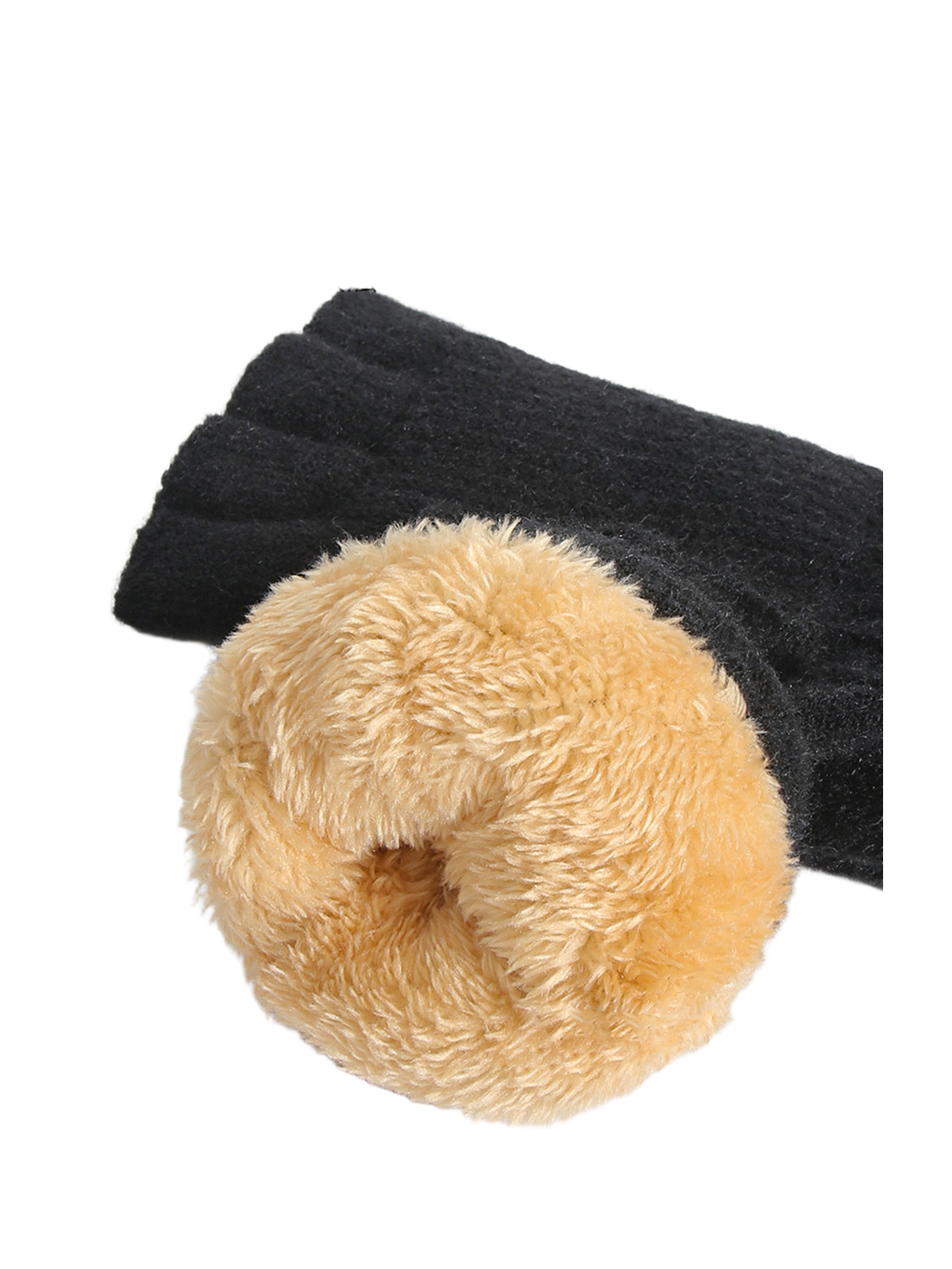 Close-up of the plush interior texture inside black fingerless gloves
