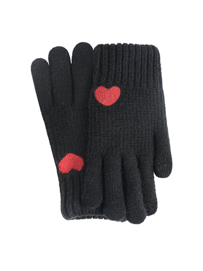 Black knit gloves with red heart motifs and ribbed cuffs