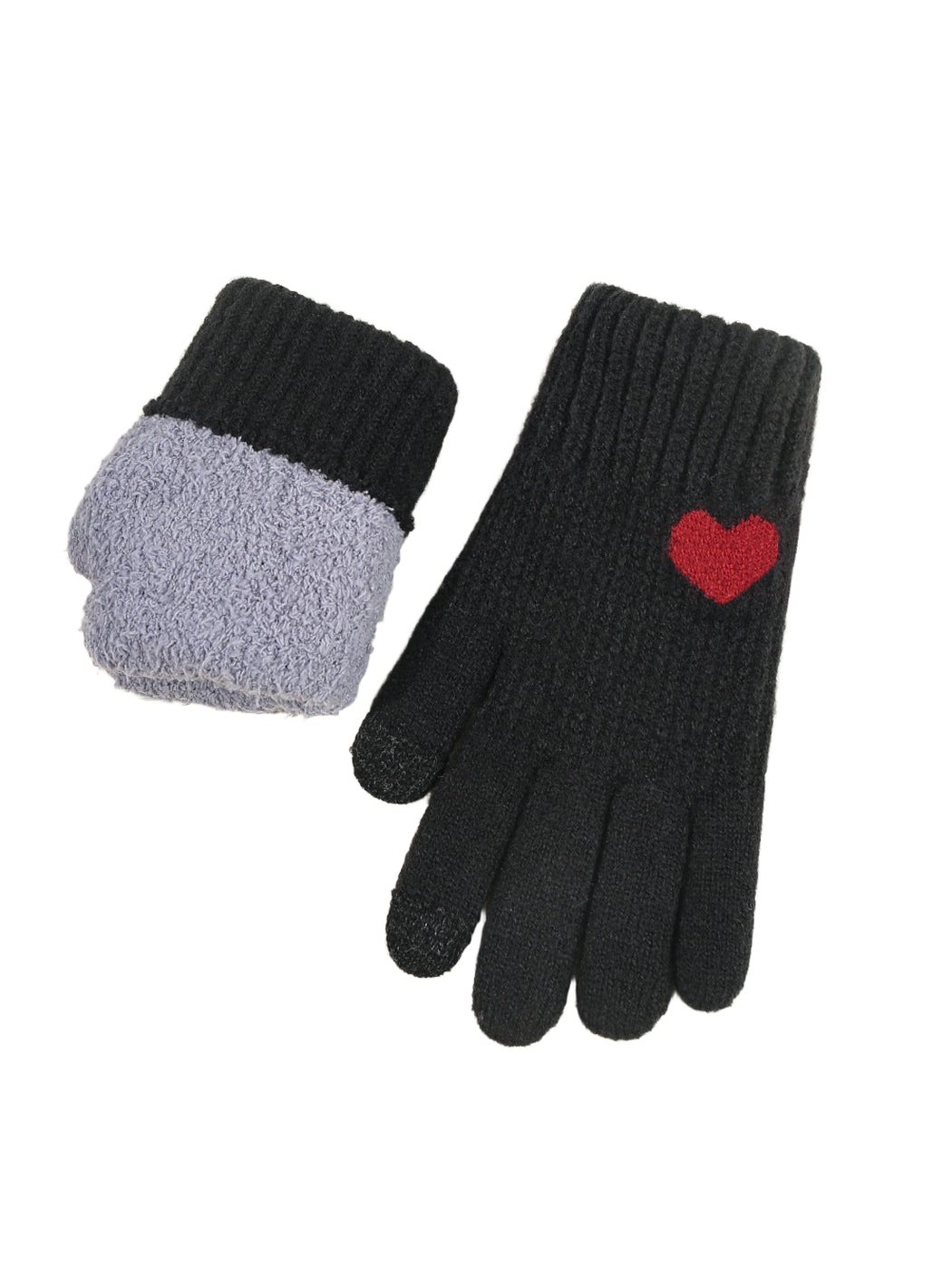 Black knit glove with red heart motif and contrasting fuzzy interior