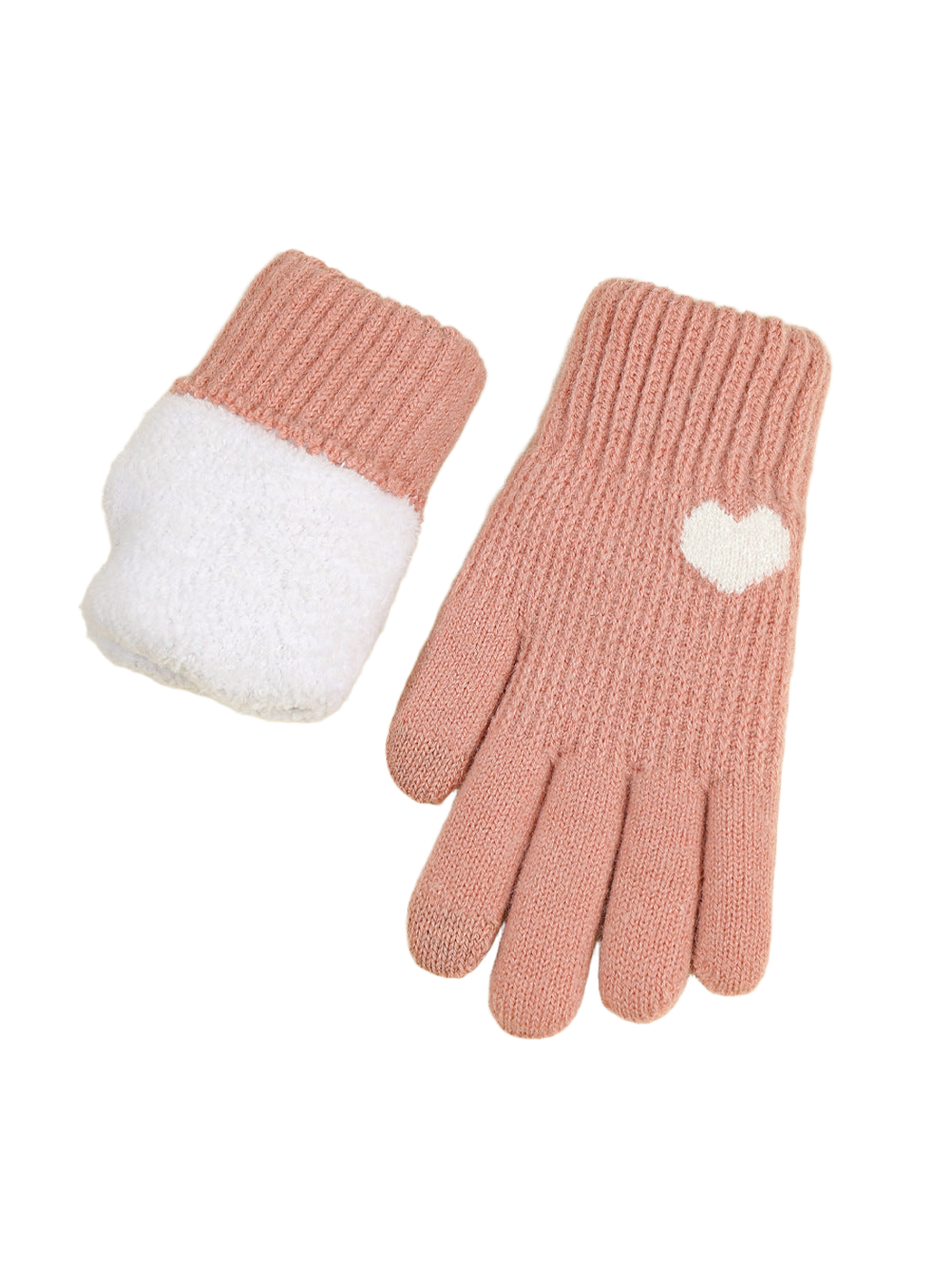 Dusty pink knit glove with white heart motif and fuzzy interior