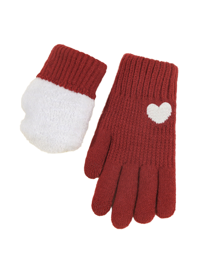 Red knit glove with white heart motif and fuzzy interior
