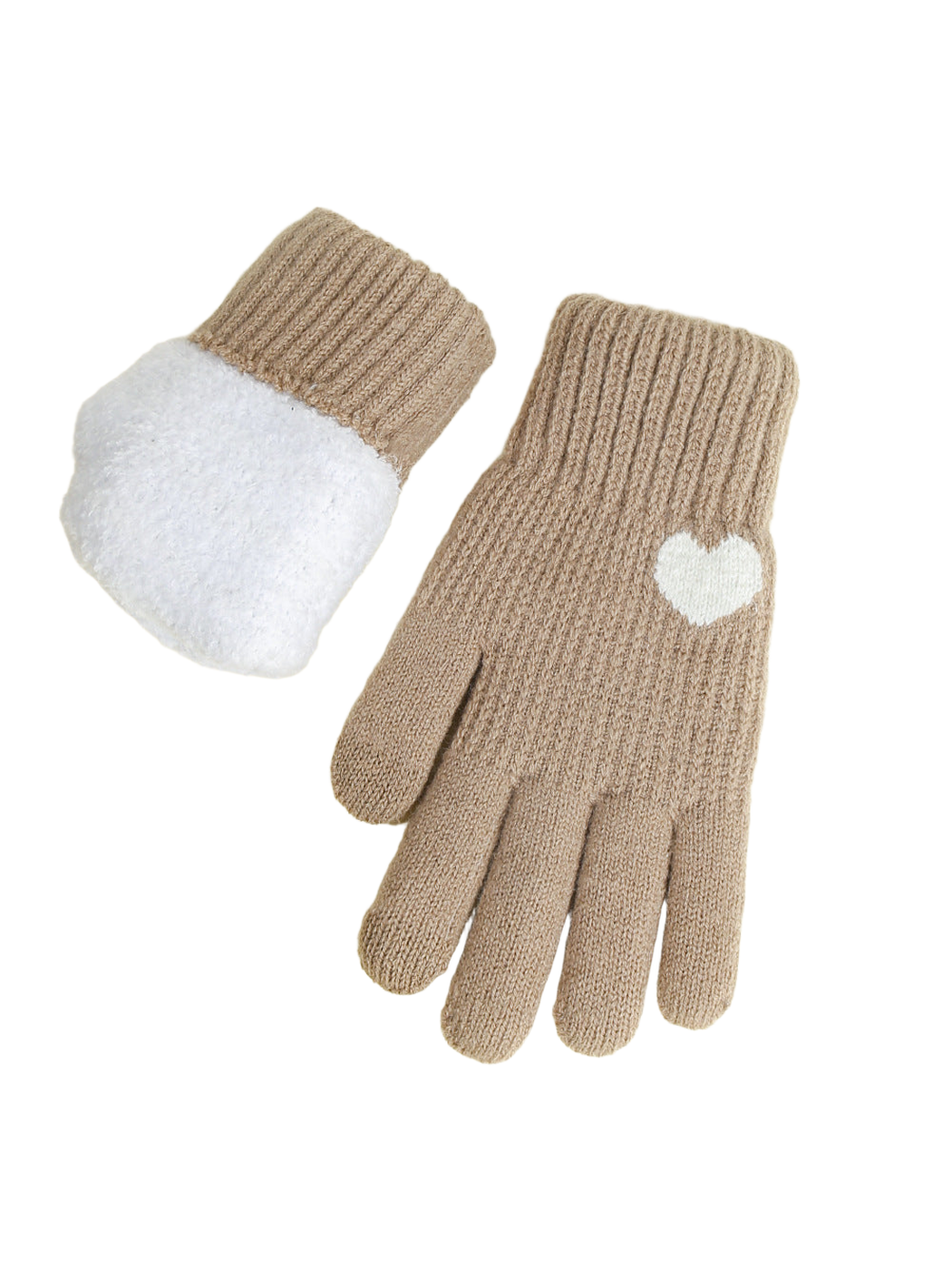 Khaki knit glove with white heart motif and fuzzy interior