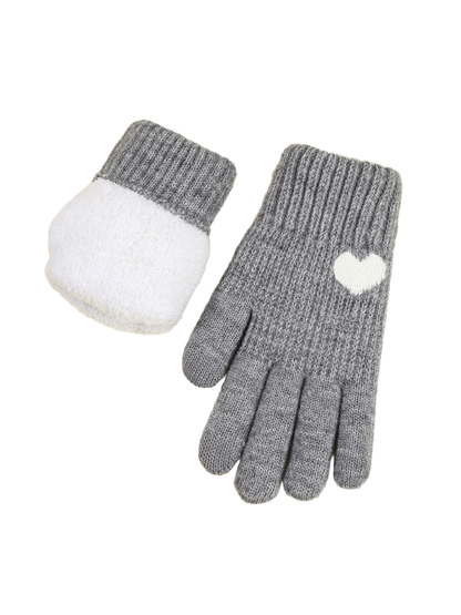 Heather gray knit glove with white heart motif and fuzzy interior