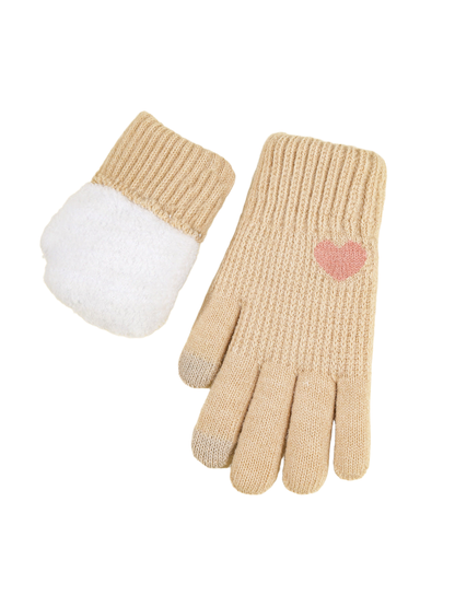 Cream knit glove with pink heart motif and fuzzy interior