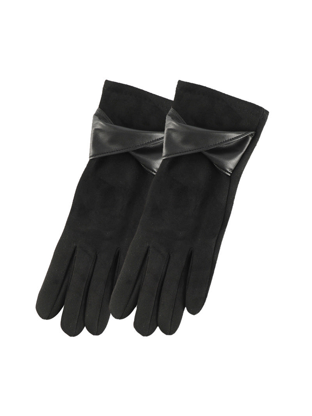 Black gloves with twisted bow cuff accents, front view