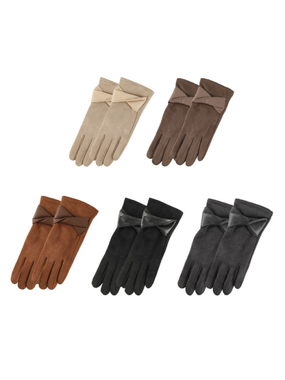 Five color options of bow-accent gloves displayed together