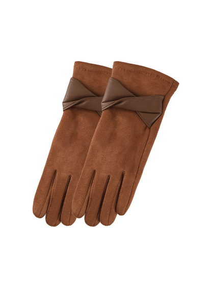 Caramel brown gloves with twisted bow cuff accents, front view