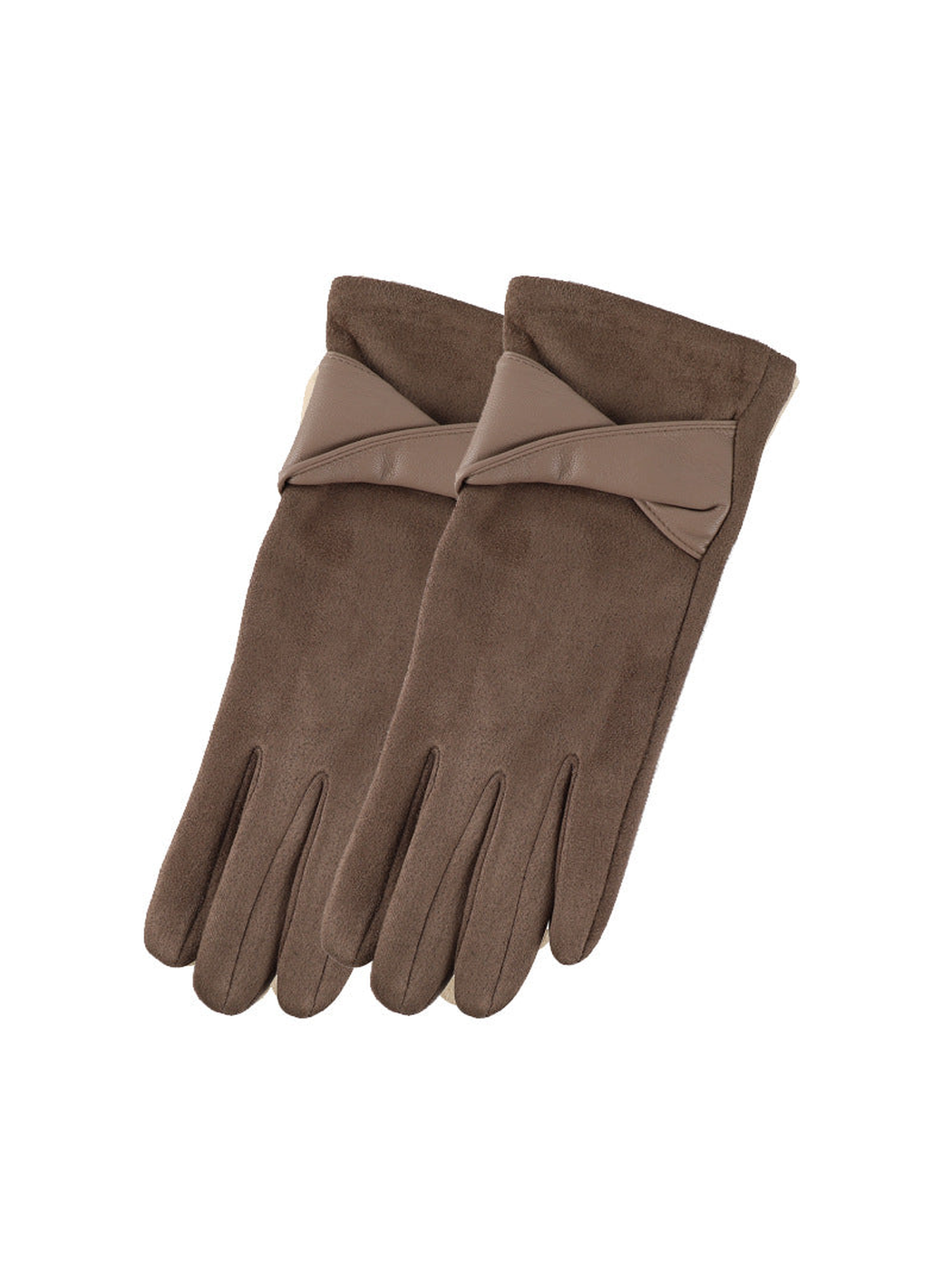 Coffee brown gloves with twisted bow cuff accents, front view