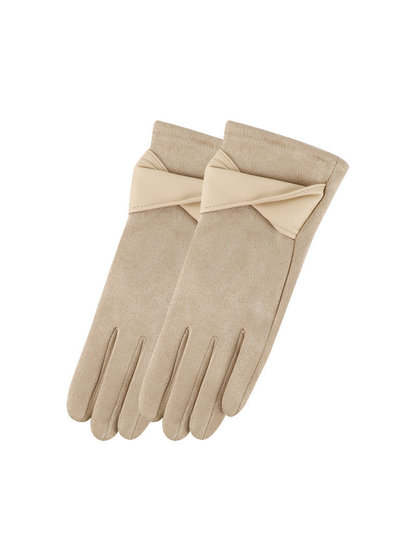 Beige gloves with twisted bow cuff accents, front view