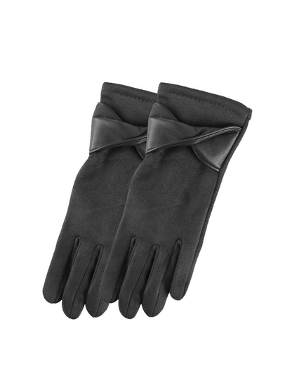 Dark gray gloves with twisted bow cuff accents, front view