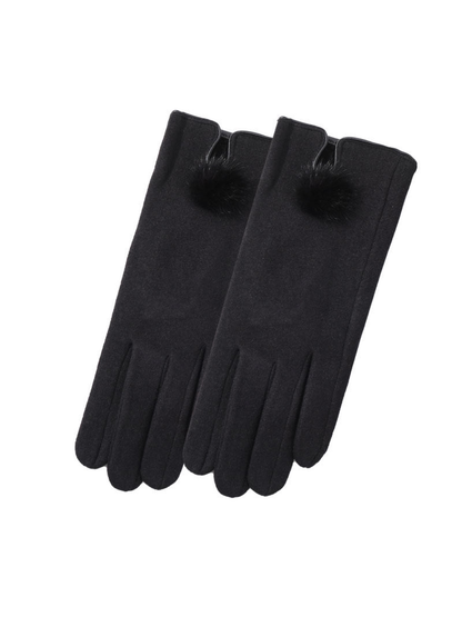 Black gloves with notched cuffs and pom-pom accents, front view