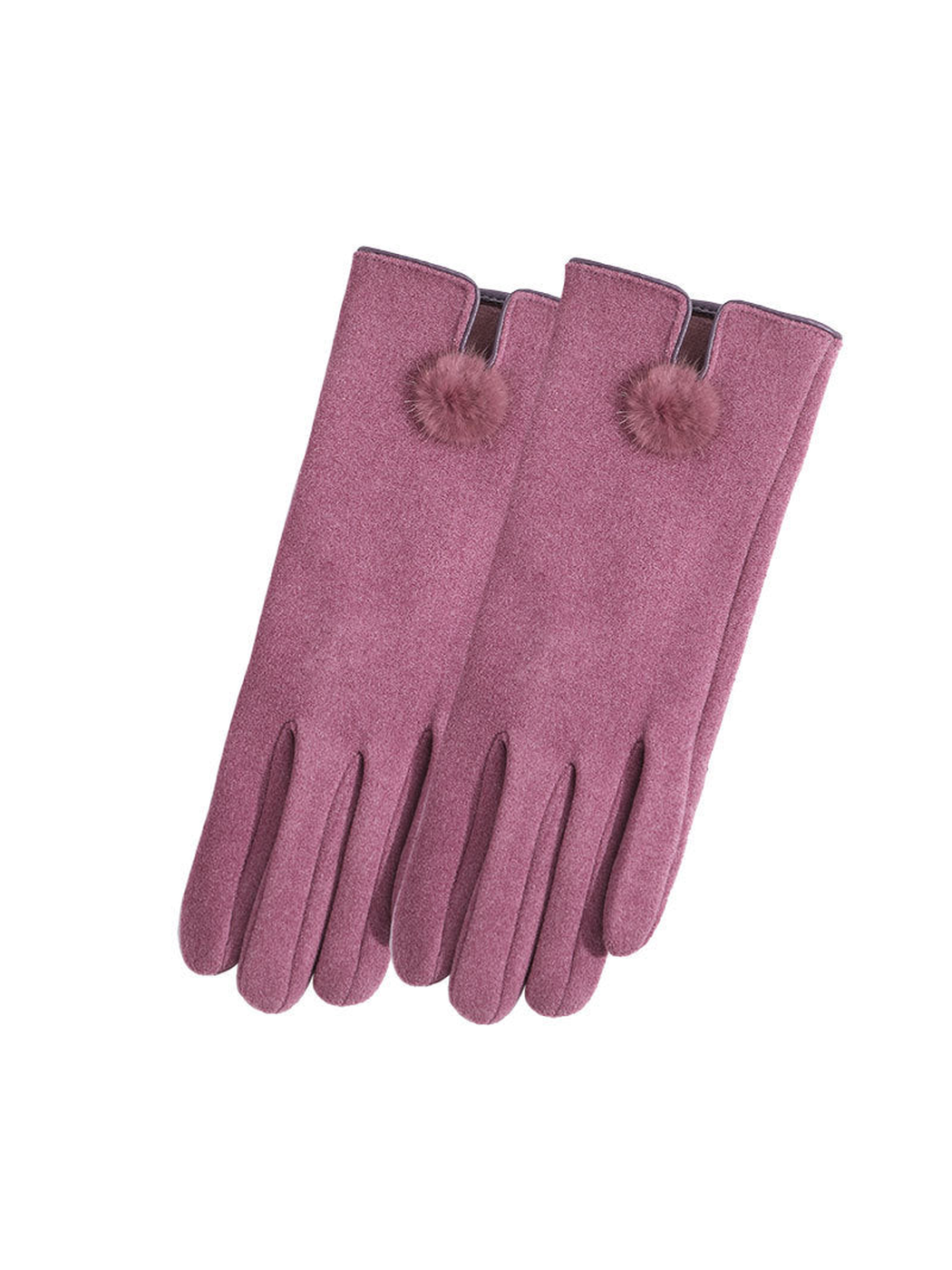 Heather purple gloves with notched cuffs and pom-pom accents, front view