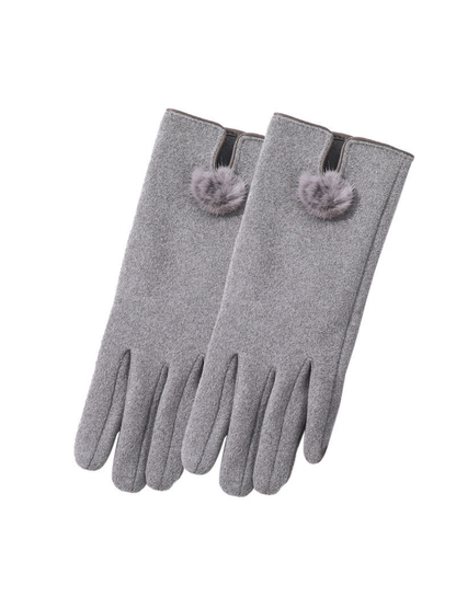 Heather gray gloves with notched cuffs and pom-pom accents, front view