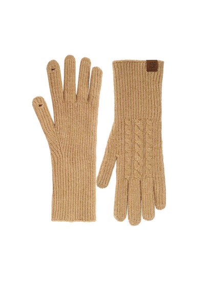 Camel cable-knit gloves with extended ribbed cuffs, front and back views