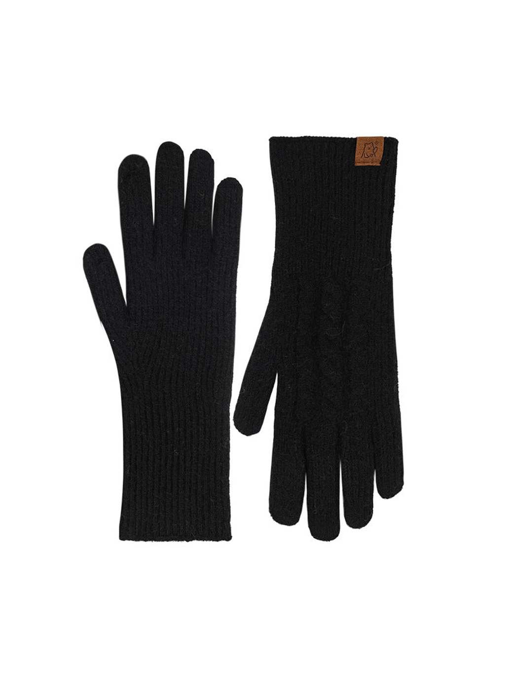 Black cable-knit gloves with extended ribbed cuffs, front and back views
