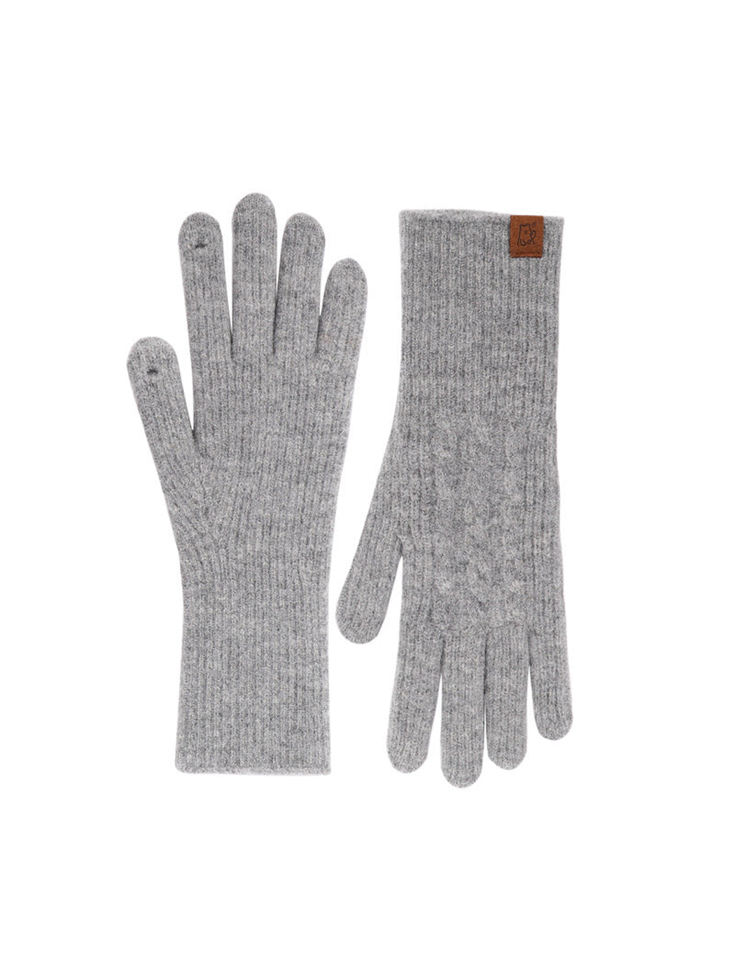 Gray cable-knit gloves with extended ribbed cuffs, front and back views